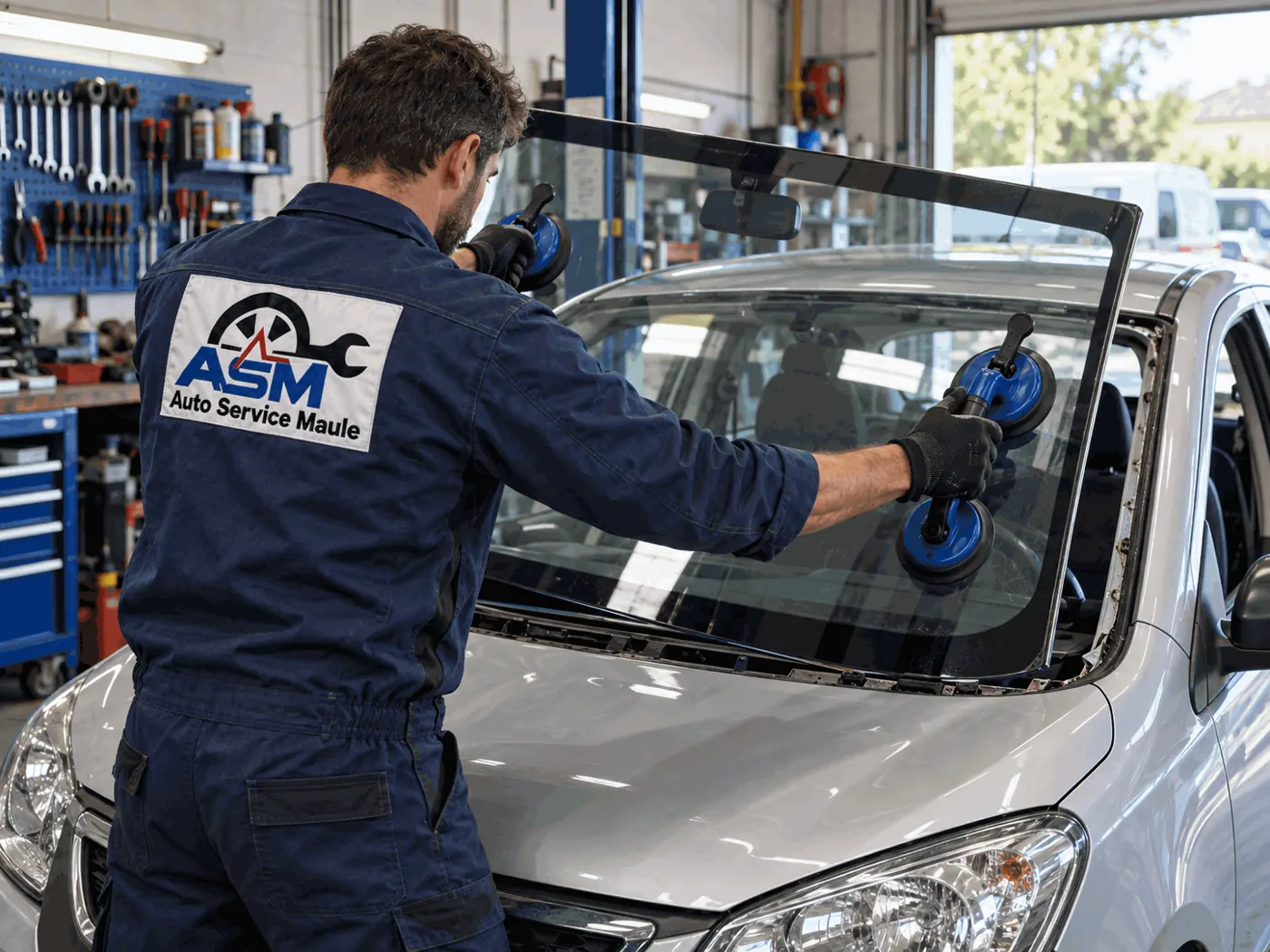 Un technicien de Auto Service Maule pose un pare-brise neuf