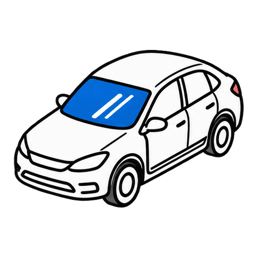 Voiture vue de trois quarts avant, pare-brise mis en évidence